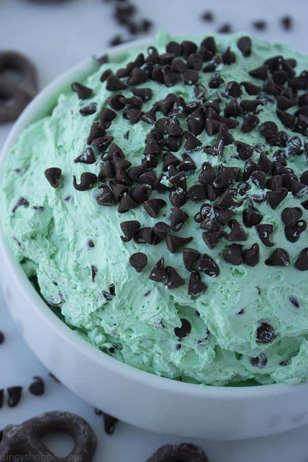Mint Cream Cheese Chocolate Chip Dip in a white bowl