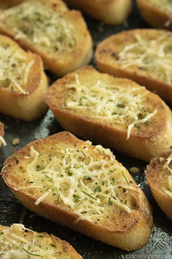 Close up of parmesan crostini bread with cheese topping