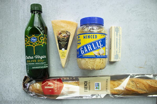 Ingredients for crostini recipe are bread, olive oil, butter, garlic and parmesan cheese