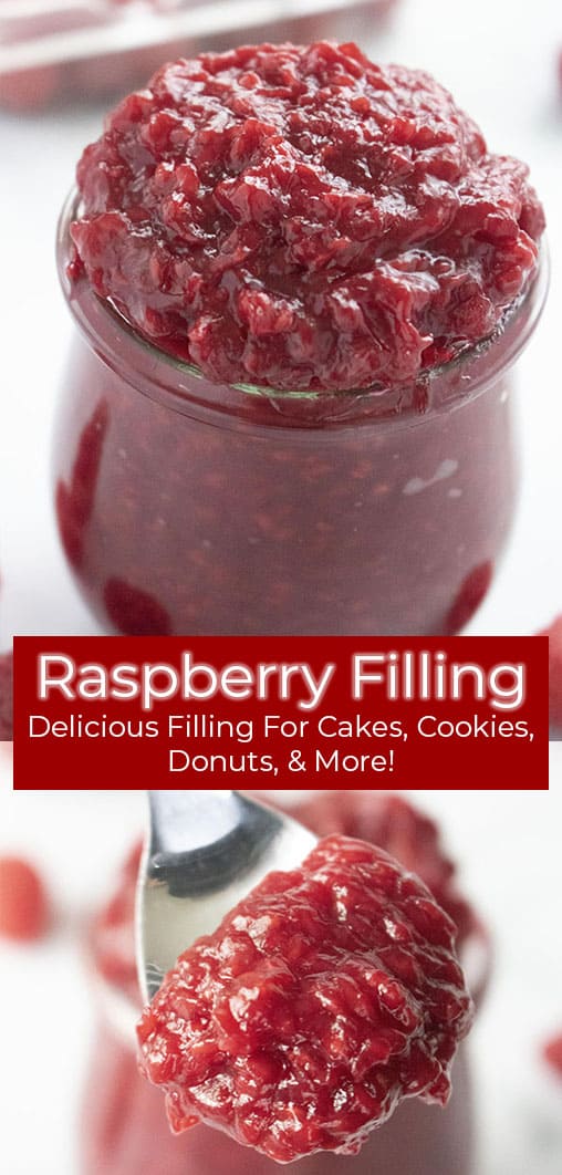 photo collage of raspberry dessert sauce in a jar and on a spoon