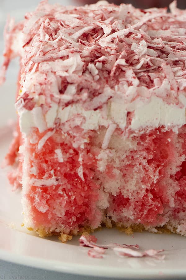 Poke cake with Raspberry flavor and coconut