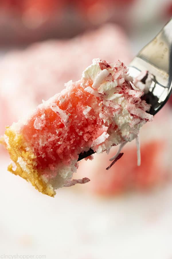 Raised fork with Raspberry Zinger Poke Cake