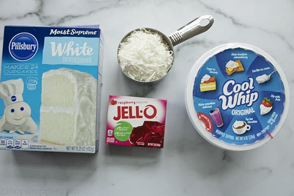 Ingredients to make Raspberry and Coconut Poke Cake