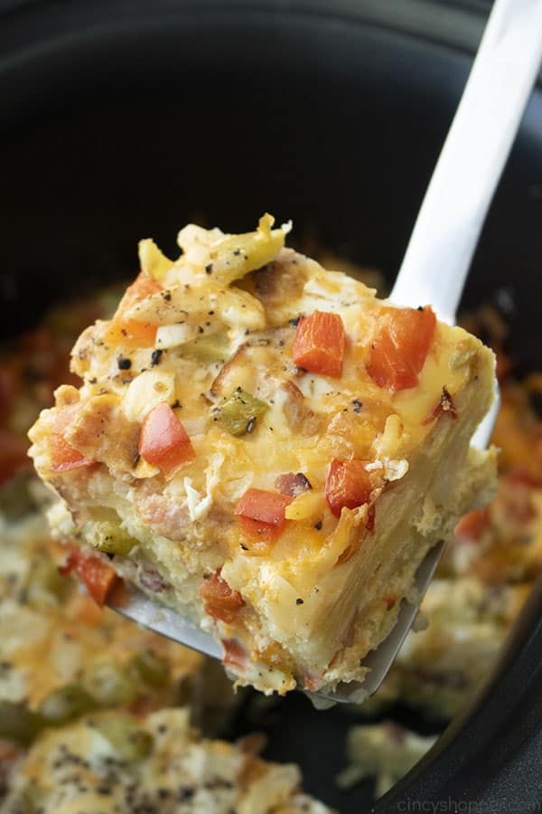 serving of breakfast casserole on spatula