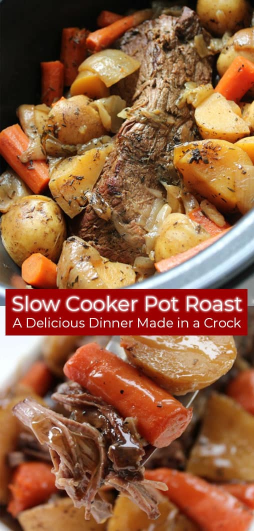 Pot Roast with potatoes and carrots in a Crockpot.