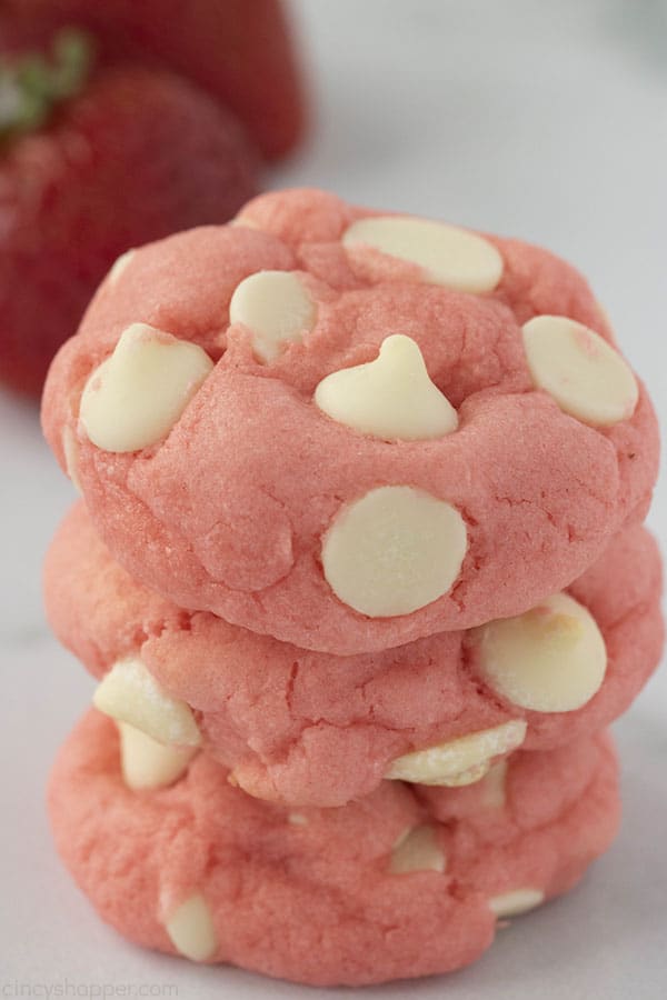 Stack of Strawberry Cake Mix Cookies with white chocolate chips