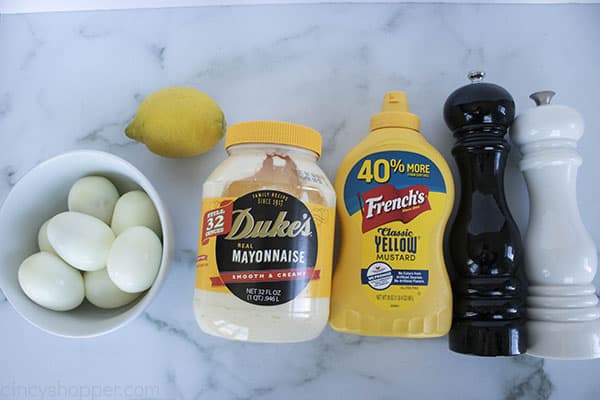 recipe ingredients: hard boiled eggs, mayo, yellow mustard, lemon, salt and pepper