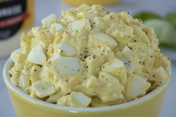 chunks of hard boiled eggs combined with mayo and mustard