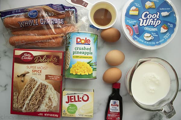 Ingredients to make carrot cake from spice cake mix.