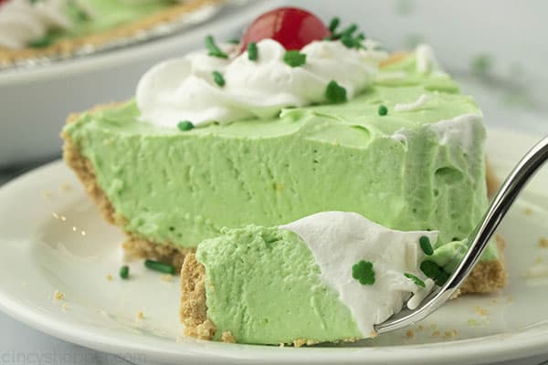 Slice of easy mint pie on a plate