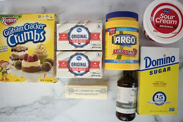 ingredients to make cheesecake recipe laid out on a counter