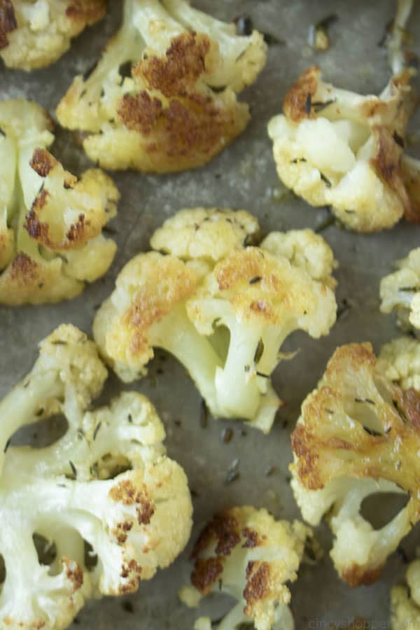 Cauliflower roasted with olive oil, garlic powder, thyme, salt and pepper.