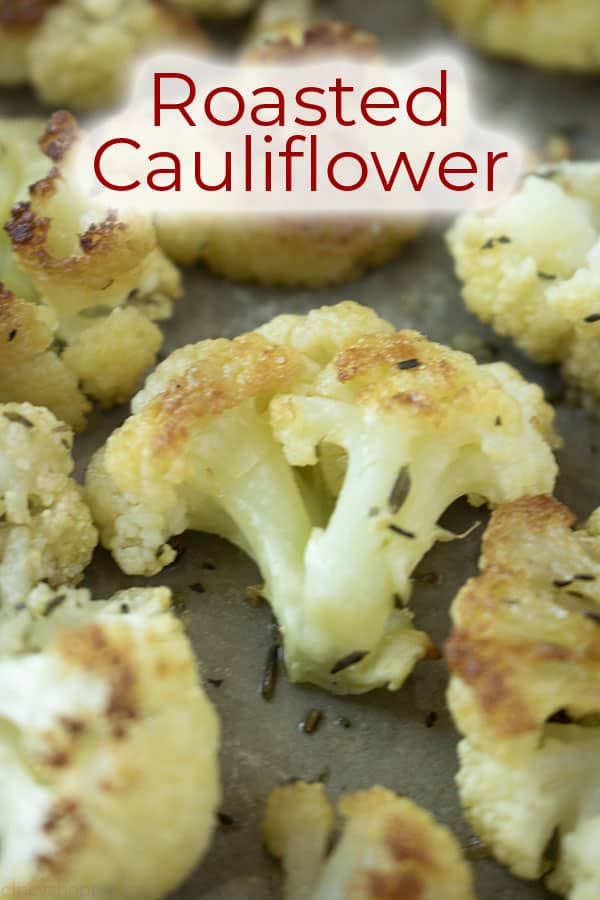 Cauliflower that is roasted with text on image