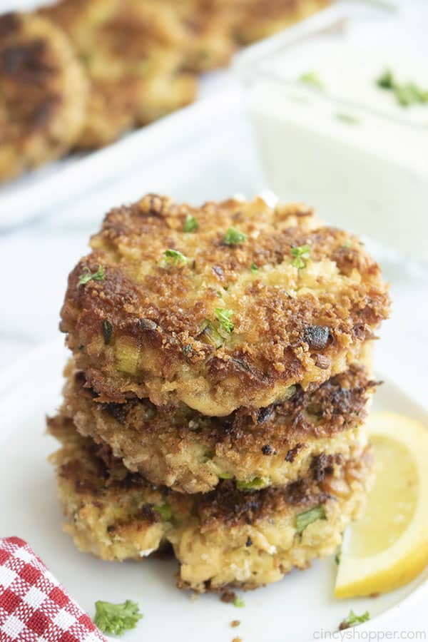 stack of salmon patties on a plate