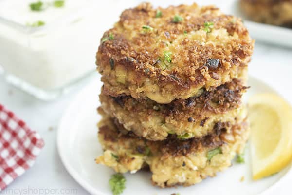 3 seafood patties on a plate