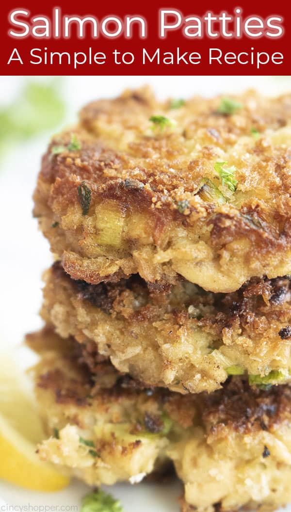 tall stack of seafood cakes made with canned salmon