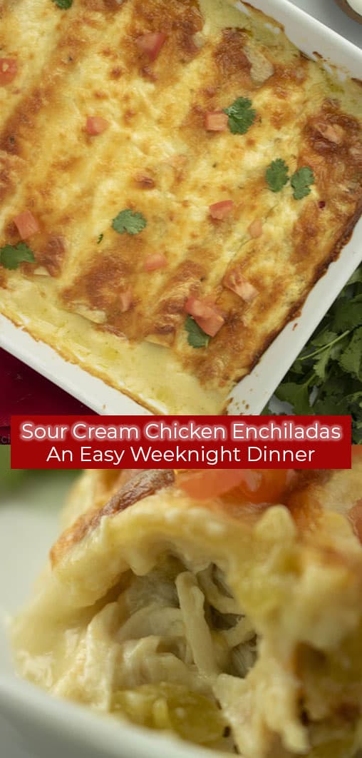 Pinterest photo collage - two white chicken enchiladas on a plate with sour cream and tomatoes on top