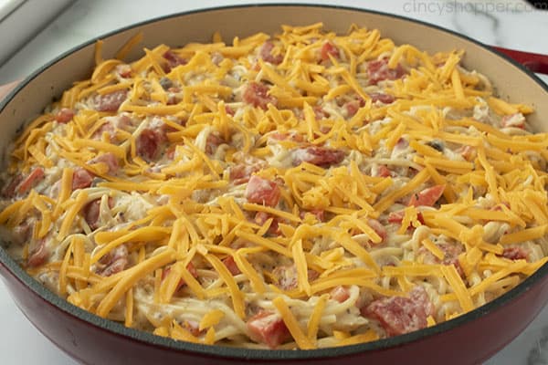 chicken spaghetti casserole, ready to be baked in an oven