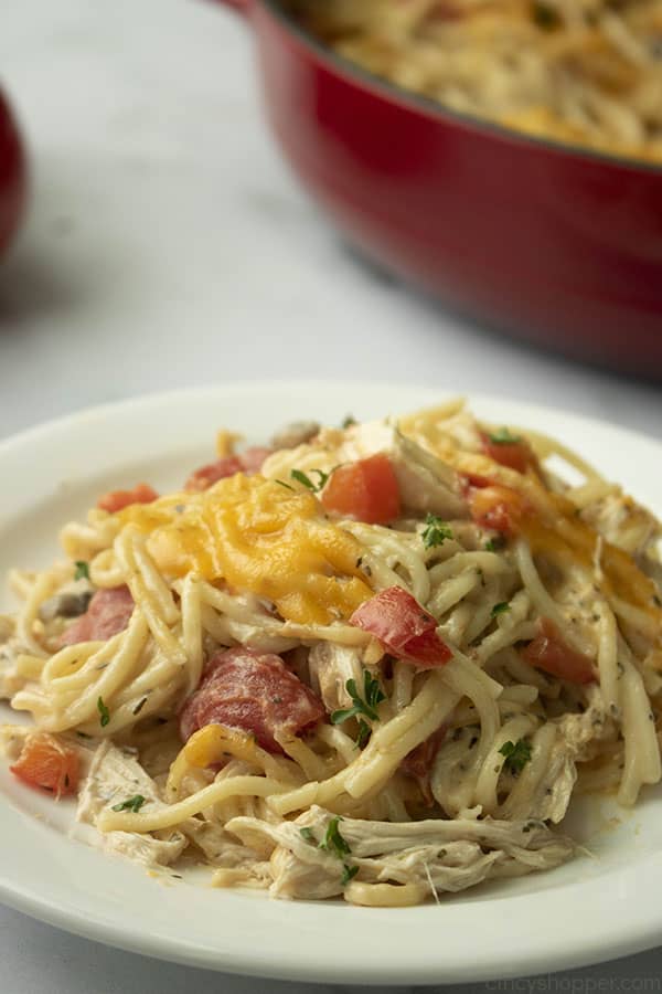 plated pasta dinner with chicken, tomatoes, and cheese