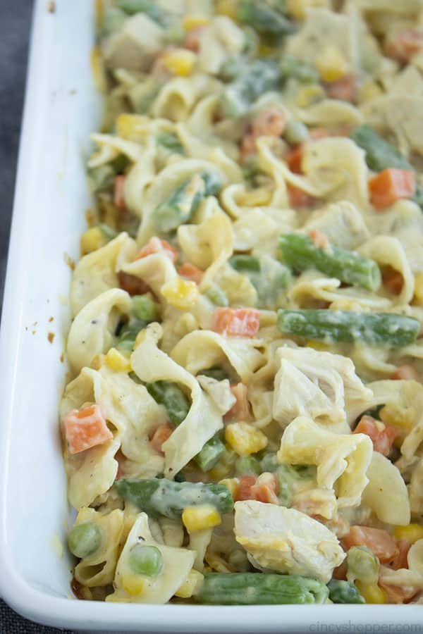 chicken noodle casserole in baking dish