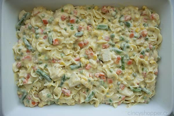 uncooked; pasta casserole in a baking dish