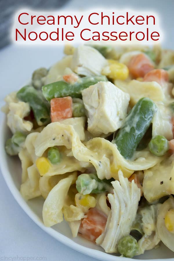 titled photo of chicken dinner made with rotisserie chicken, condensed soup, and frozen vegetables