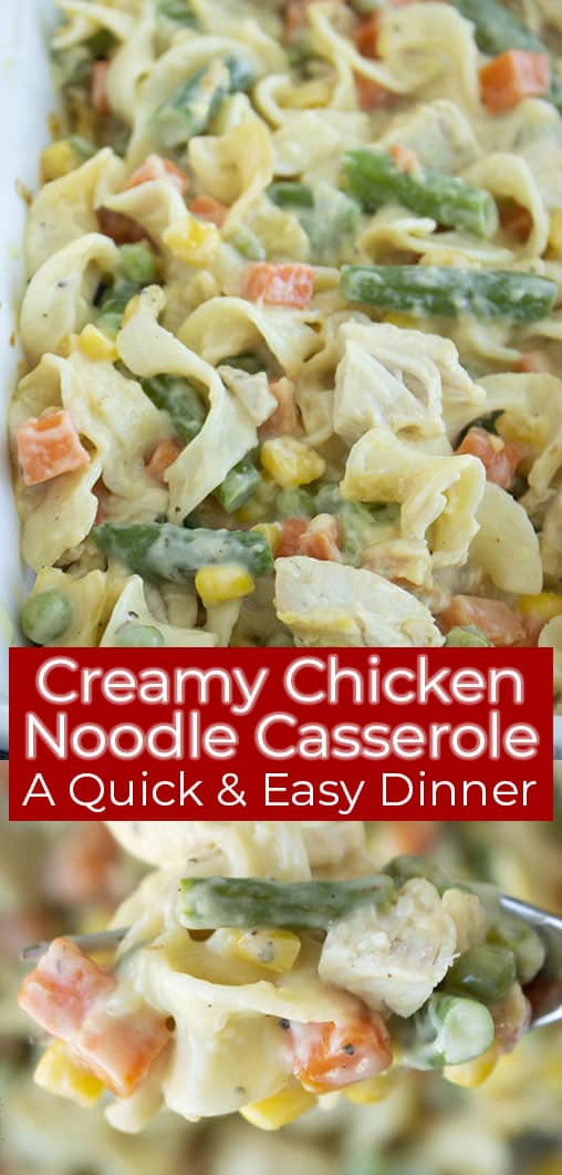 Long text on image creamy chicken noodle casserole dinner