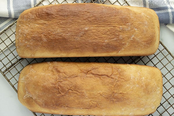 looking down at 2 loaves of homemade bread