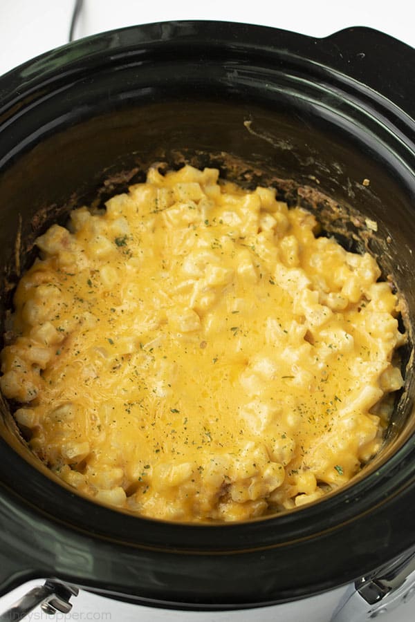 CrockPot with cooked Cheesy Hash Brown Potatoes
