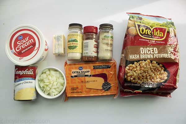 Ingredients to make Cheesy Potato Casserole
