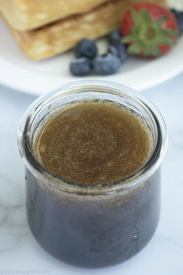Homemade Pancake Syrup with maple flavoring in a jar.