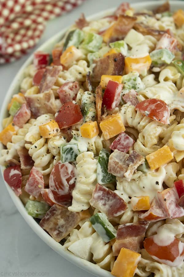 Creamy Bacon Ranch Pasta Salad in a white bowl.