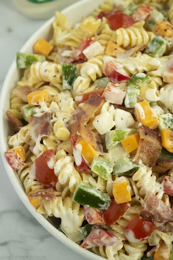 Ranch dressing Pasta Salad with bacon in a bowl