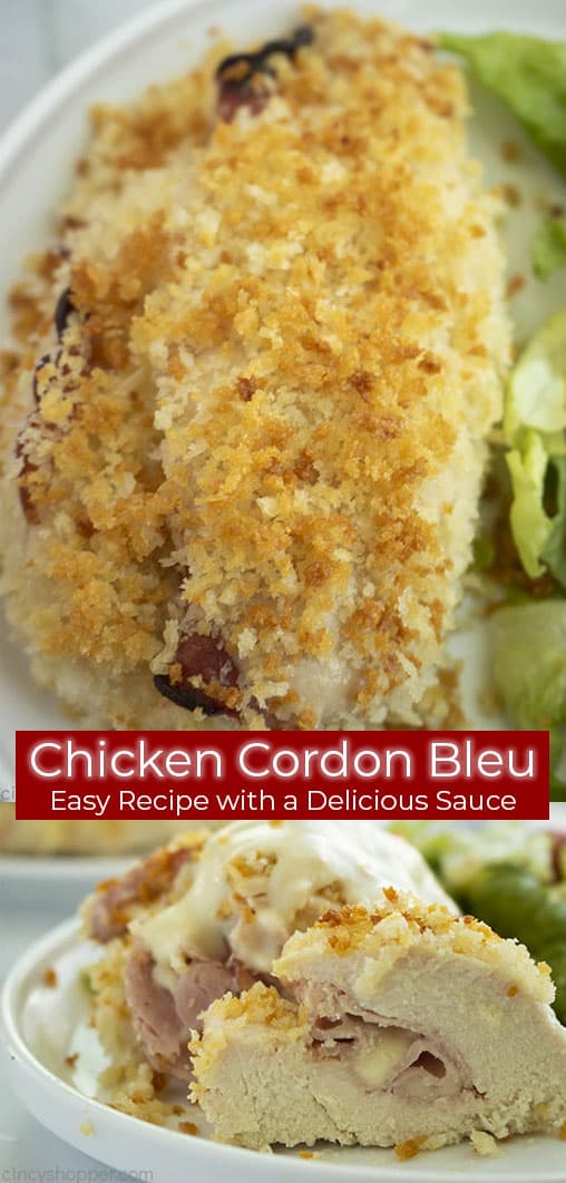 close up: breaded and sliced chicken titled Chicken Cordon Bleu Easy Recipe with a Delicious Sauce