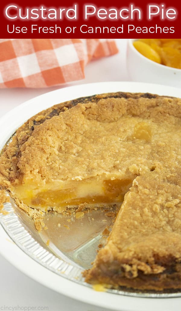 Long collage with pie with peaches and custard