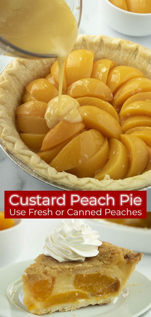 Long collage image of peach custard pie