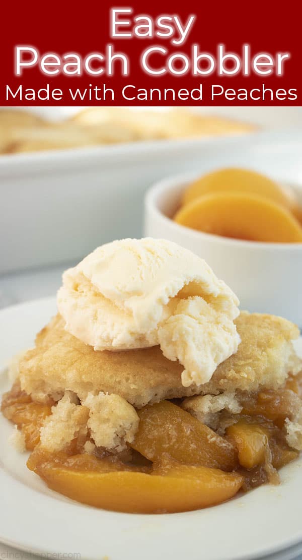 Long image with peach cobbler and ice cream scoop