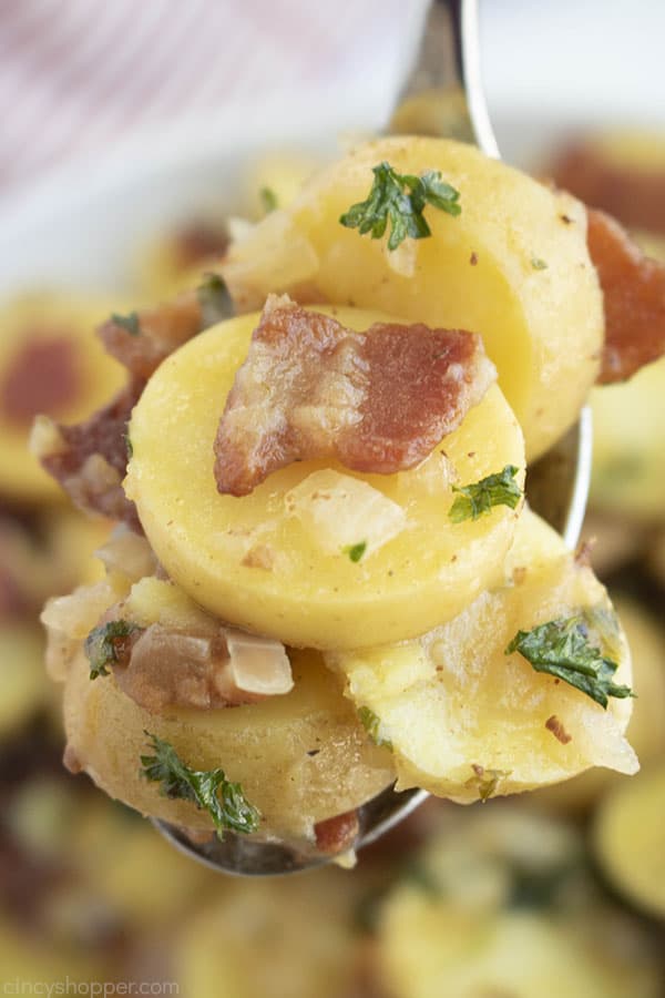 Metal spoon holding warm potato salad