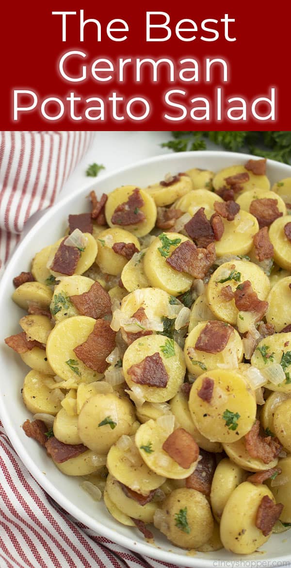 plate of warm potato salad with a striped towel titled The Best German Potato Salad