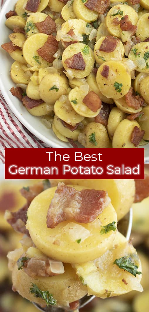 The Best German Potato Salad on a plate and close up on a spoon