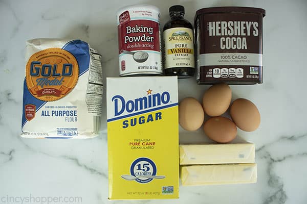 ingredients on counter to make Hershey cocoa brownies