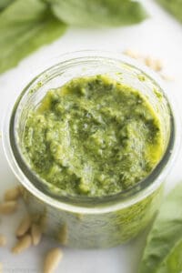 glass jar of homemade pesto