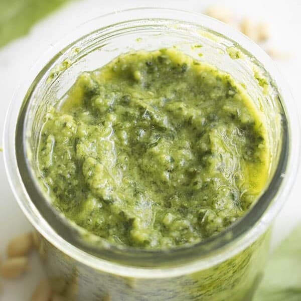 glass jar of homemade pesto