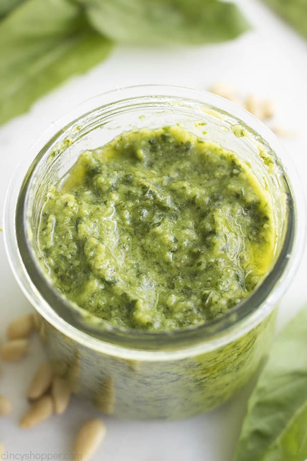 glass jar of homemade pesto