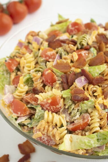 BLT pasta salad in a clear bowl