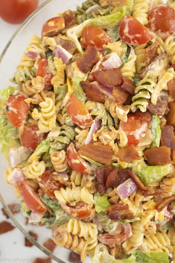 Overhead photo of a bowl of pasta salad