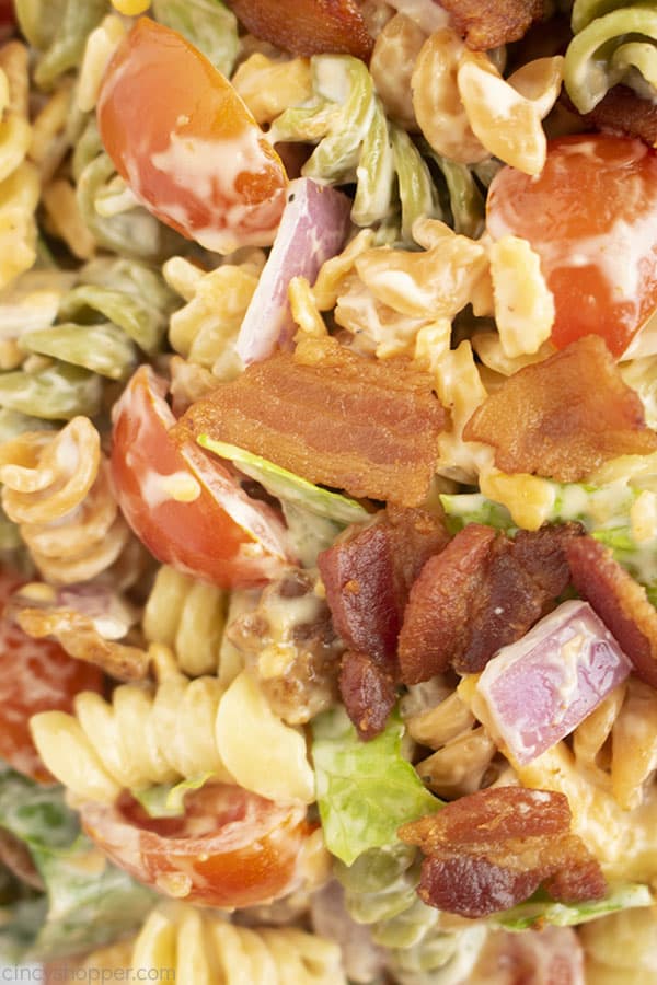 Close up of pasta salad with bacon, lettuce, and tomatoes