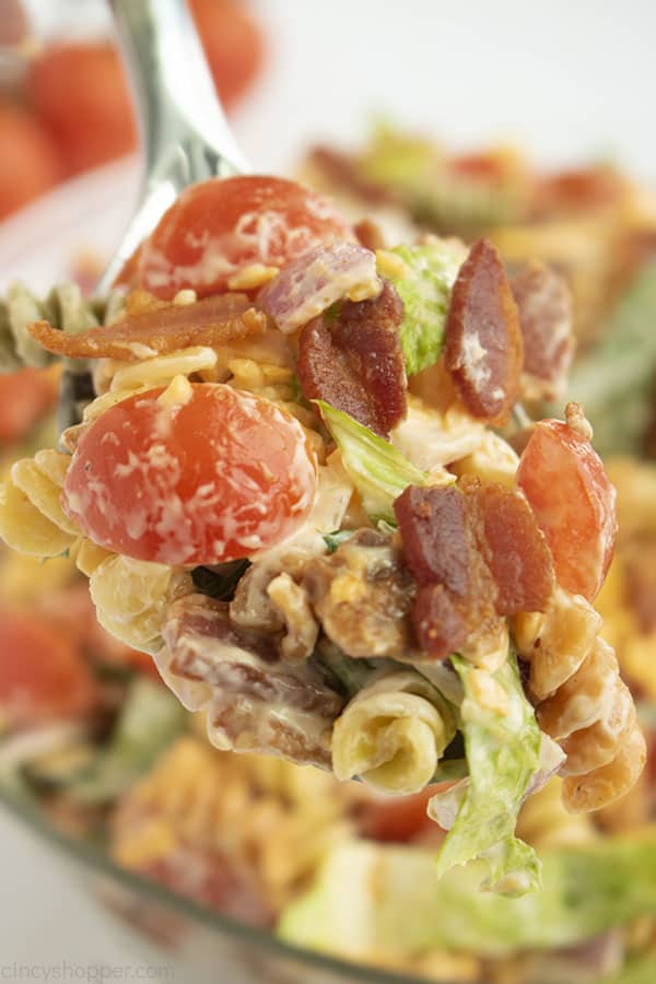 Metal spoon with pasta, bacon, lettuce, and tomatoes in dressing