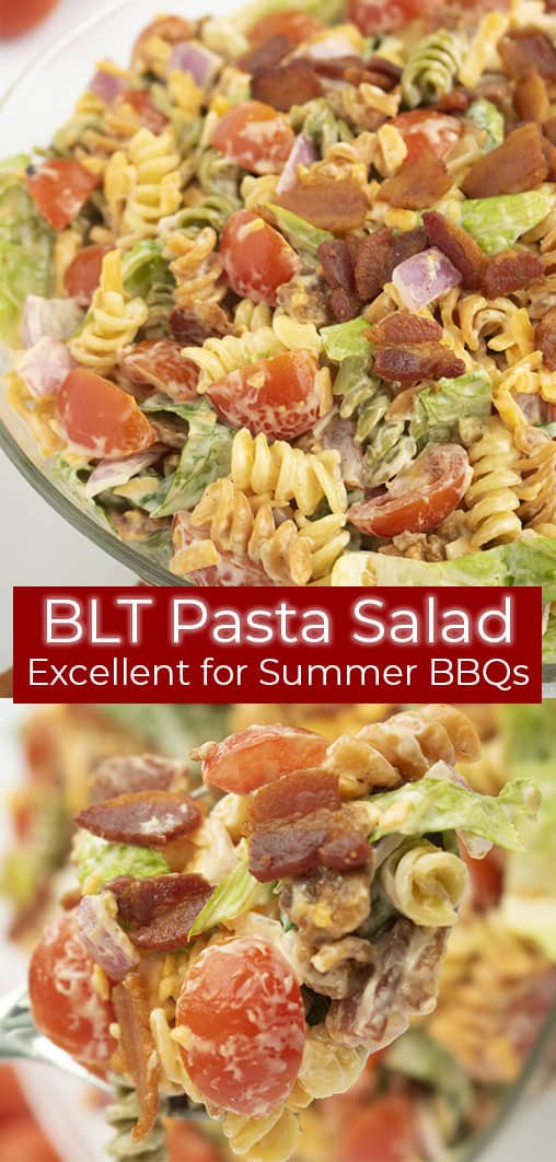 Pasta salad in a bowl and on a spoon titled BLT Pasta Salad Excellent for Summer BBQs