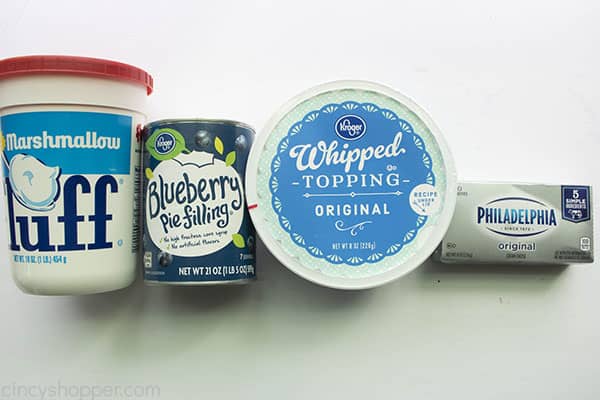 Ingredients to make cheesecake dip with blueberry pie filling